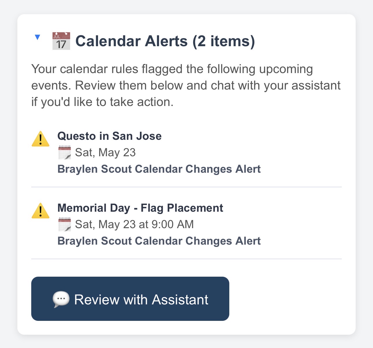 Busy Family Daily Brief showing Calendar Alerts — two flagged scout calendar changes with a Review with Assistant button.