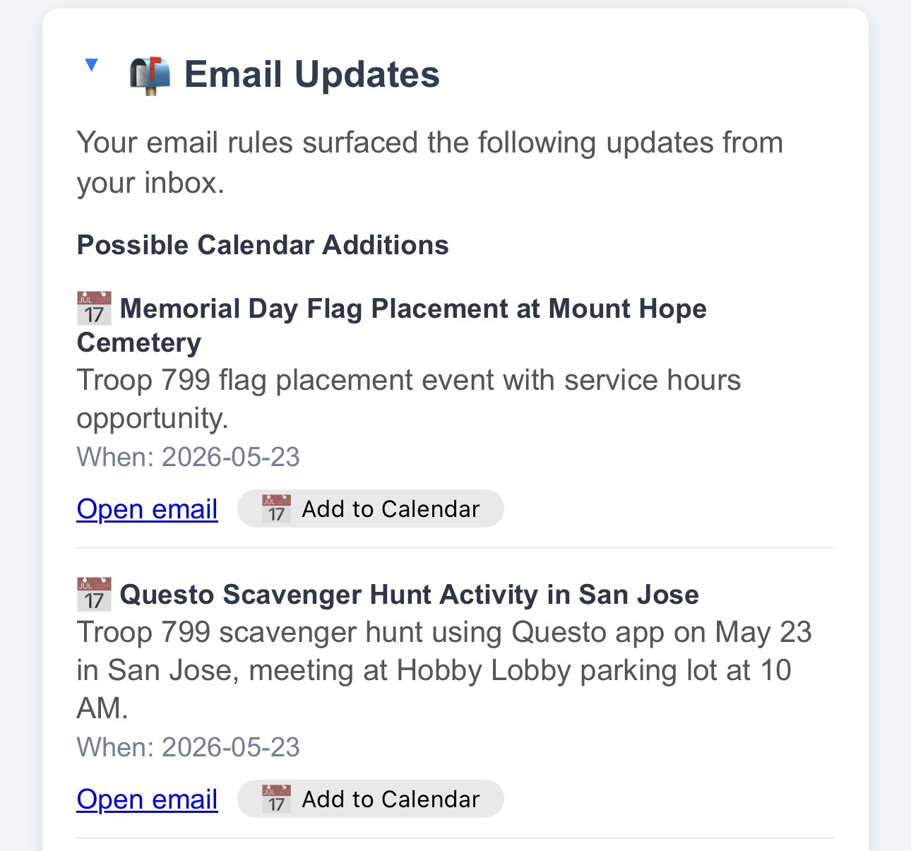 Busy Family Daily Brief showing Email Updates — two school email rule matches surfaced with Open email and Add to Calendar actions.