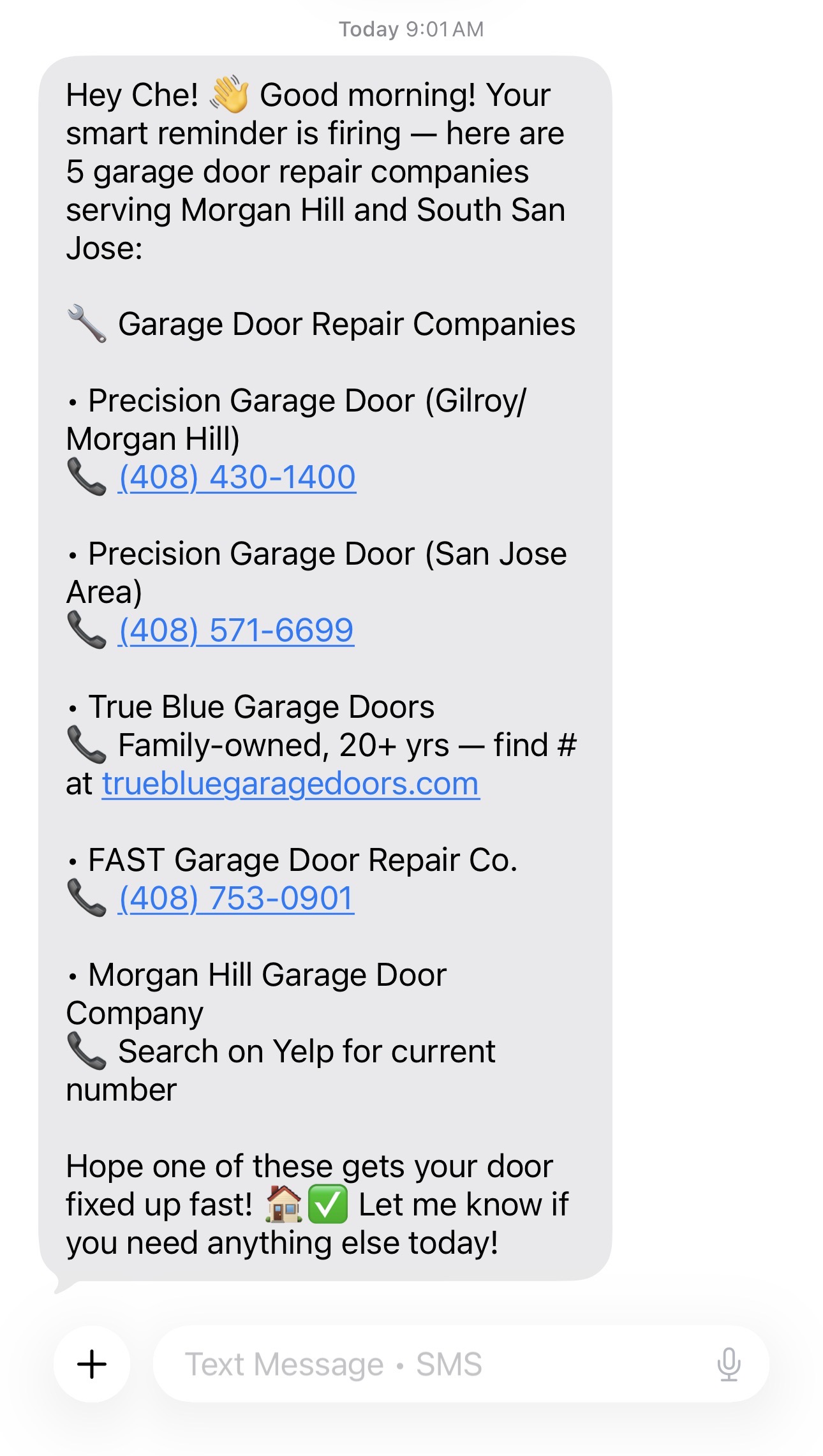 Busy Family SMS delivering a Smart Reminder — five garage door repair companies near Morgan Hill with phone numbers, ready to call.