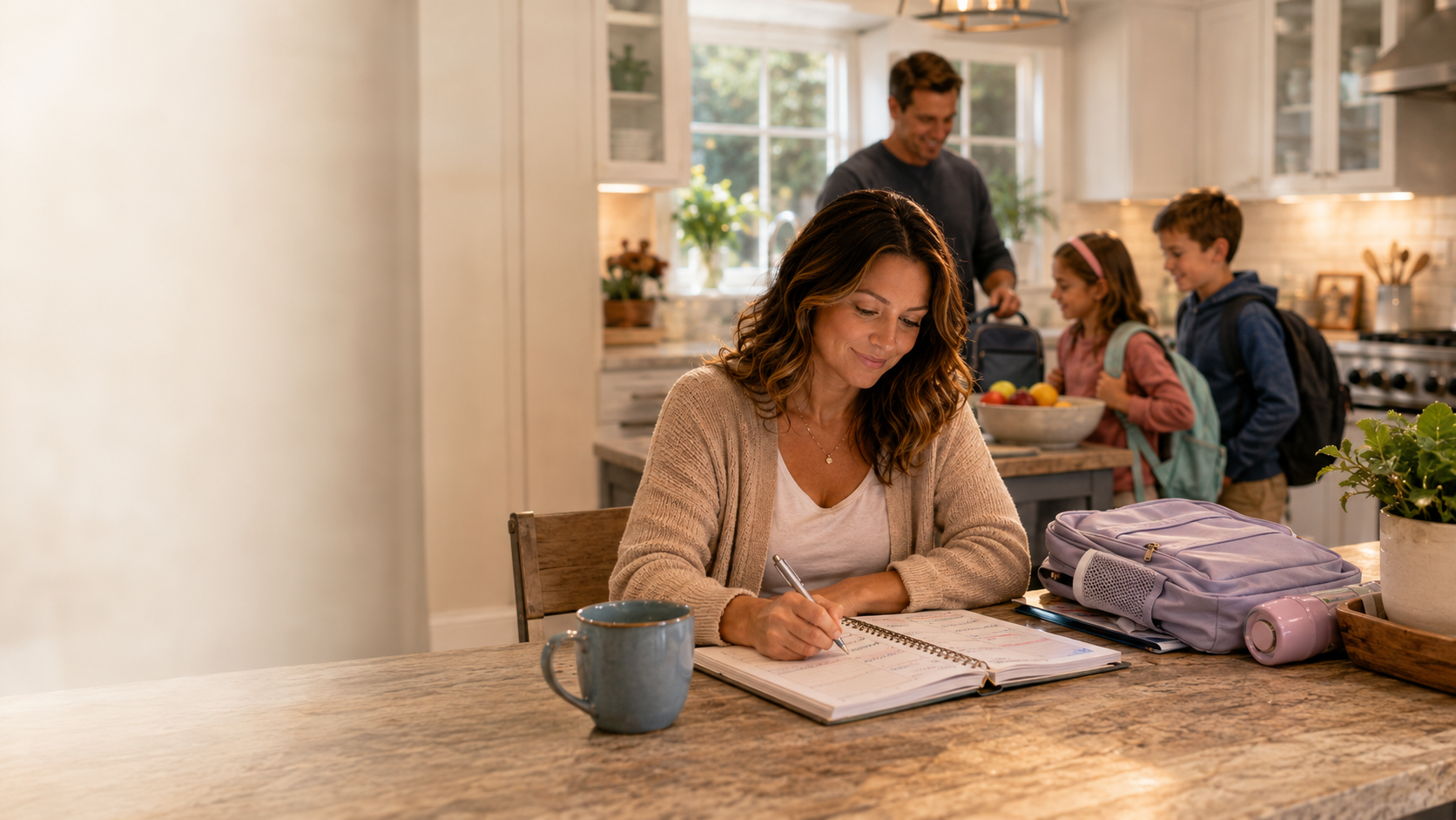 A parent calmly planning the family day in a warm kitchen while the rest of the family gets ready in the background.