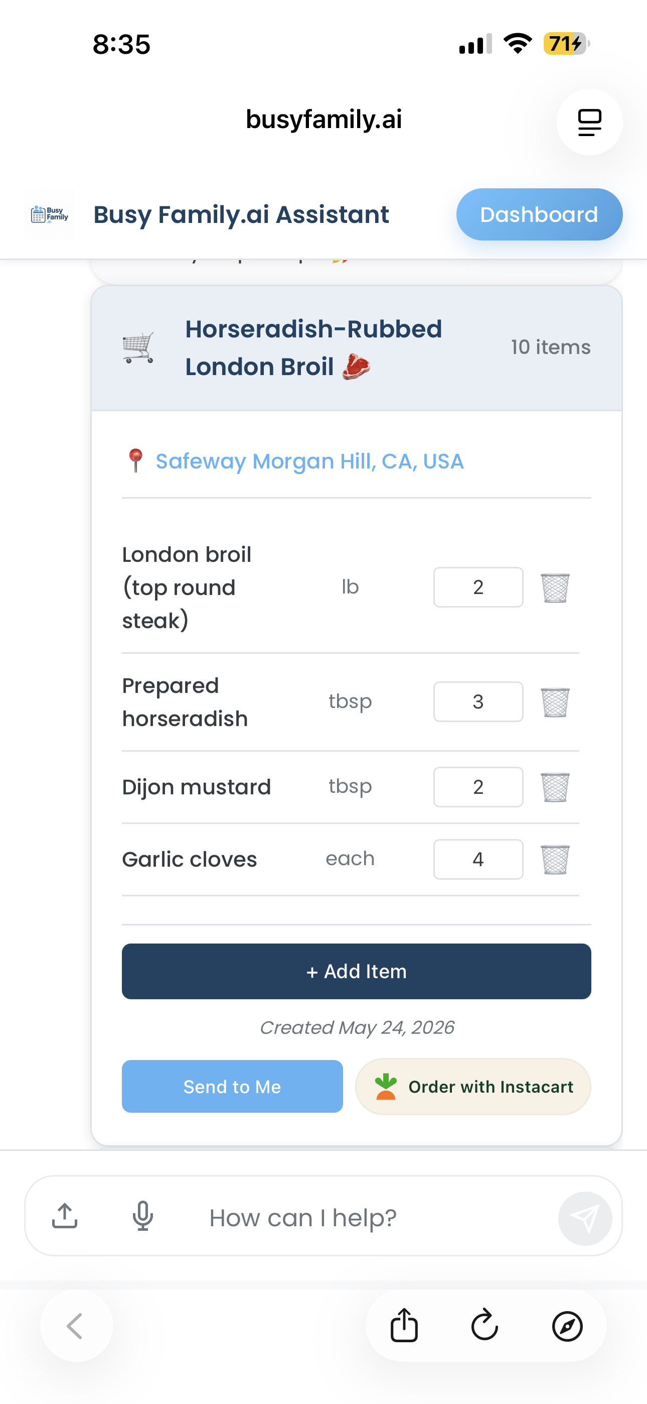 Busy Family grocery list for London Broil with an Order with Instacart button — taking the meal plan all the way to delivery.
