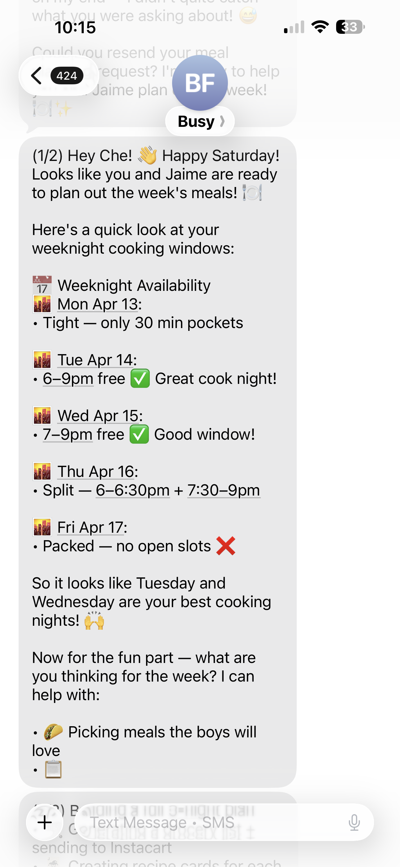 Busy Family SMS reviewing the week's calendar availability night by night — identifying the best cooking windows before suggesting meals.