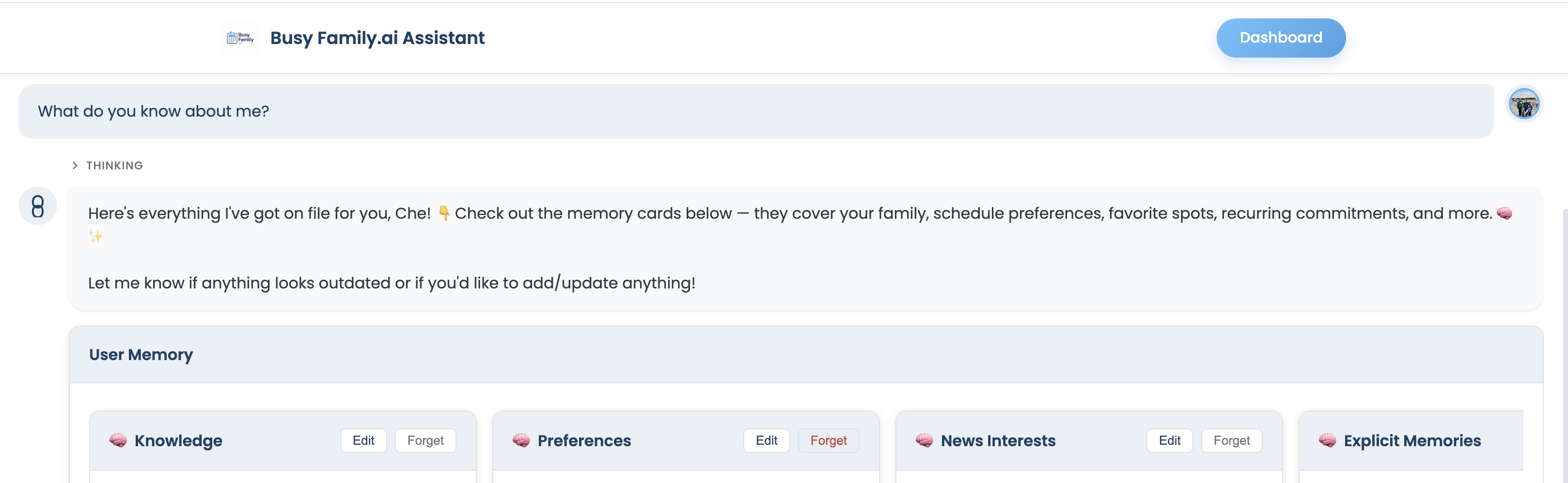 Busy Family assistant responding to 'What do you know about me?' — showing User Memory cards for Knowledge, Preferences, News Interests, and Explicit Memories, each with Edit and Forget controls.