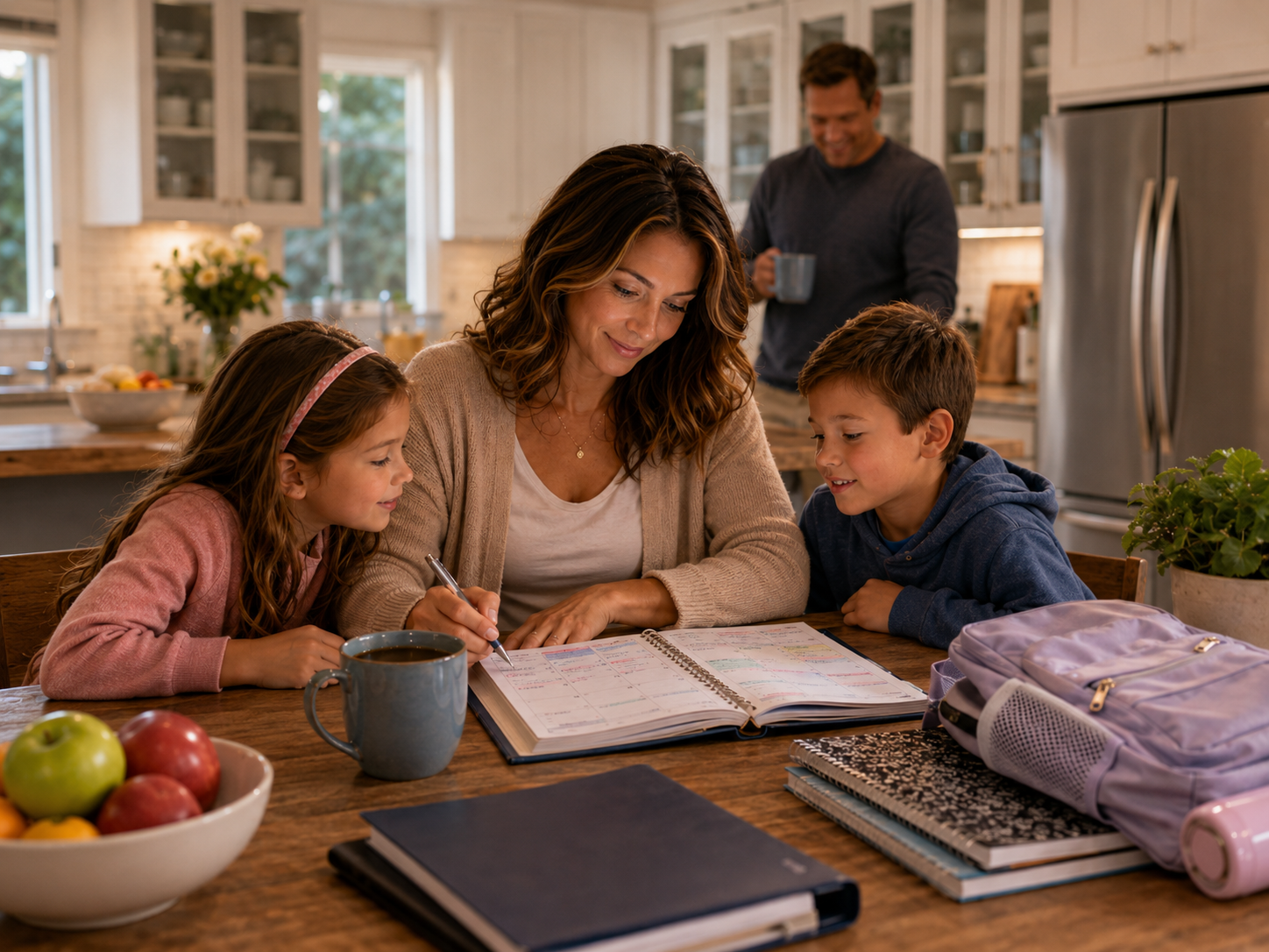 A family reviewing a planner together at the kitchen table, representing schedule changes being caught before they become stressful.