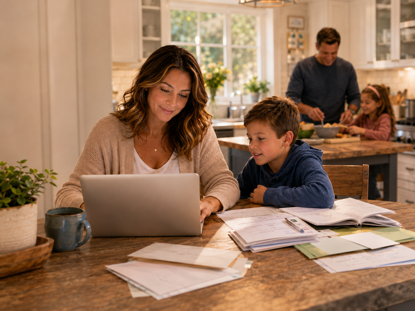 A parent reviewing family paperwork and a laptop at the kitchen table while family life continues nearby.