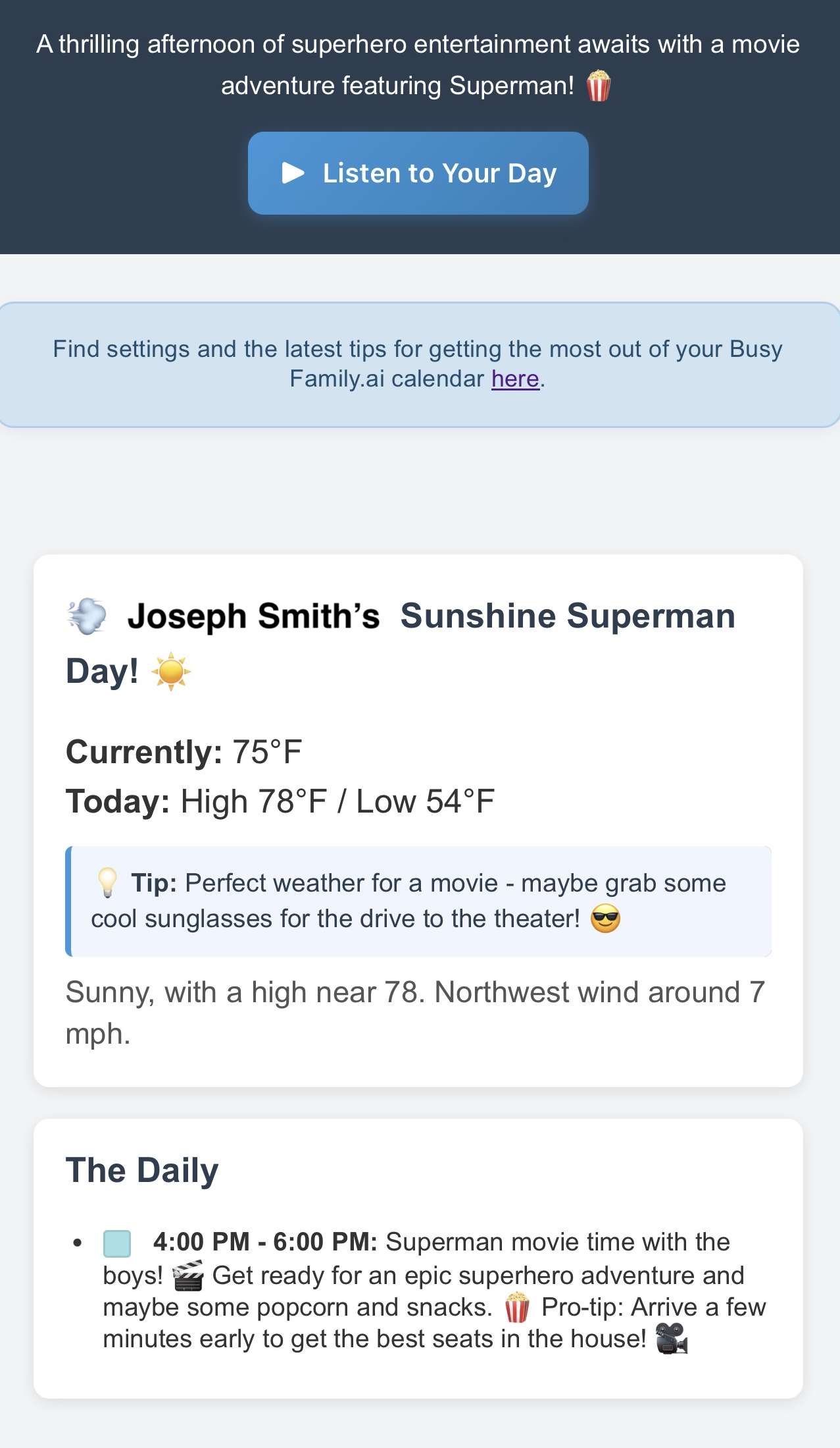 Daily Brief showing today's weather and schedule