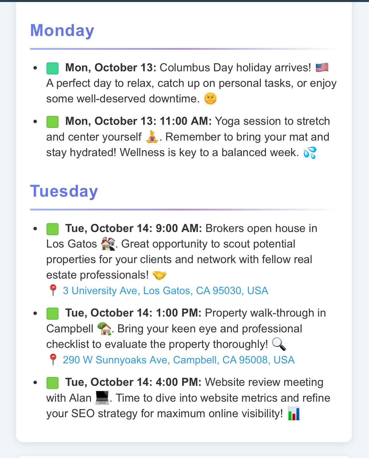 Weekly calendar with conflicts flagged and best windows highlighted